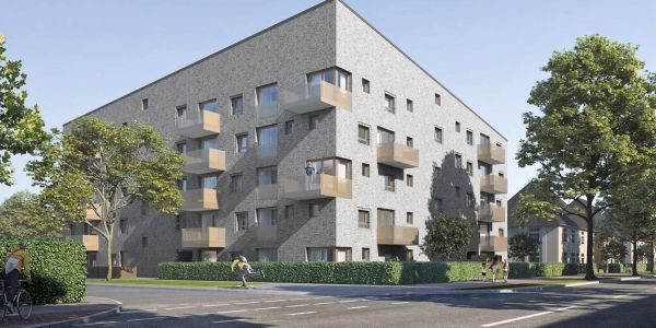 So soll das neue Gebäude an der Bremer Straße, Ecke Gottschalkring nach der Fertigstellung aussehen. Foto: Gerber Architekten GmbH Neue EBV-Wohnungen an der Bremer Straße: Richtfest für ersten Bauabschnitt