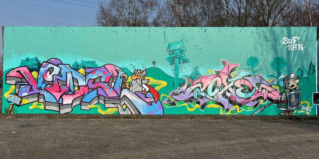 Asterix inspiriert die Streetart der Künstler von der Flutschutzwand